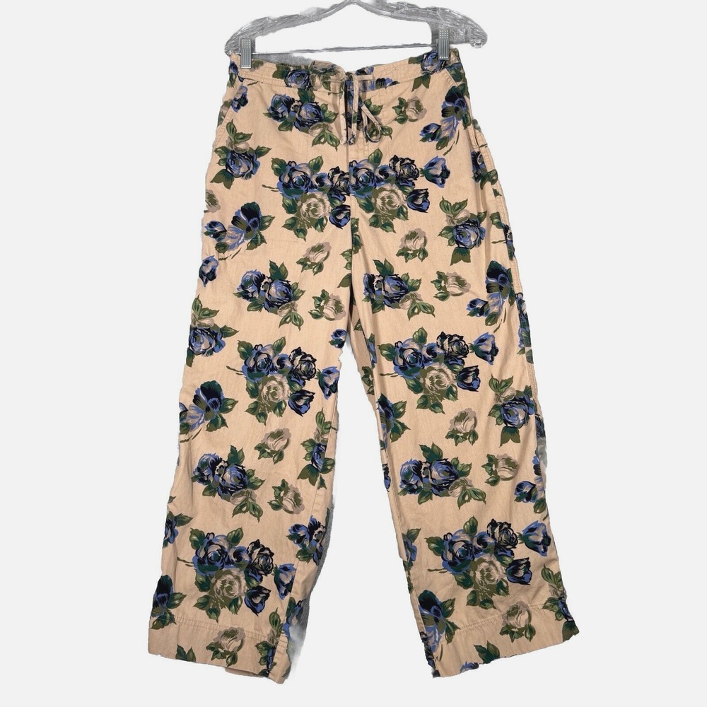 Sag Harbor Pants Small Beige Blue Floral Flowers Straight‎ Crop Boho Cottagecore
